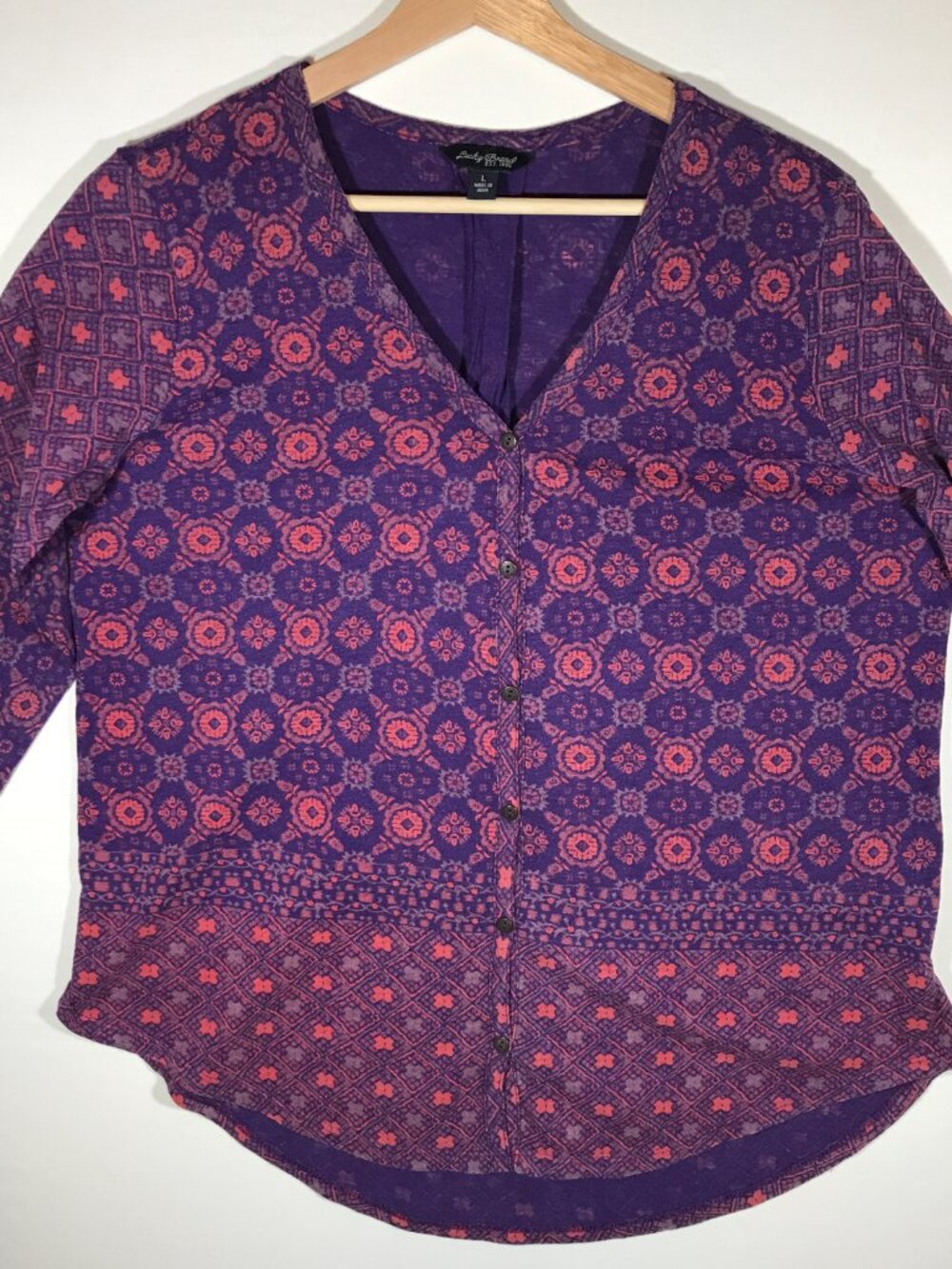 Lucky Brand Women's Large Purple Button Up 3/4 Sleeve Shirt Top